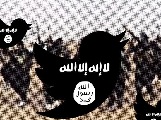 ISIS militants in video grab with slogan superimposed over Twitter 'tweet' icon