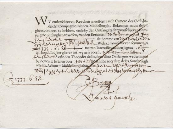 a bond issued by the Dutch East India Company in 1623.