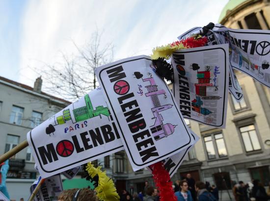 banners encouraging peace in Molenbeek area near Brussels after 2015 attacks in Paris and Belgium
