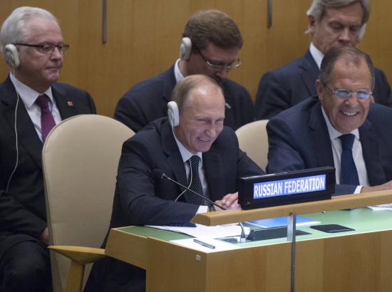 Vladimir Putin, Sergey Lavrov, and Russia’s delegation at the 70th UN General Assembly session on September 28, 2015