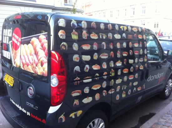 delivery van with sushi menu paint finishing. Dondon Sushi, Copenhagen, Denmark. 