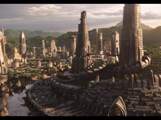 screenshot of Wakanda skyline from the film 'Black Panther' (2018) -- Marvel/Walt Disney Studio