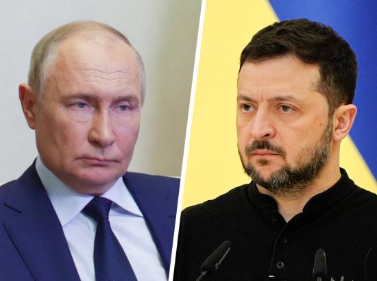 photos of Vladimir Putin and Volodymyr Zelenskyy