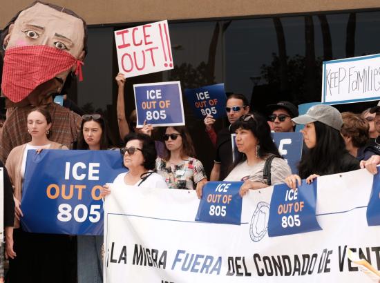 A coalition of farmworkers, advocates, industry growers, nonprofits and California’s ICE raid Rapid Response network spotlight the impacts of escalated workplace raids at a press conference in Santa Maria on Thursday, June 12. (Courtesy: Central Coast Alliance for a United Economy)