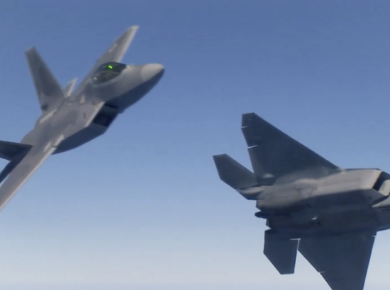 A frame from a fast-paced video compilation of Raytheon’s F-22 equipt Raptor, the central imagery on the home website for Raytheon Technologies Corporation