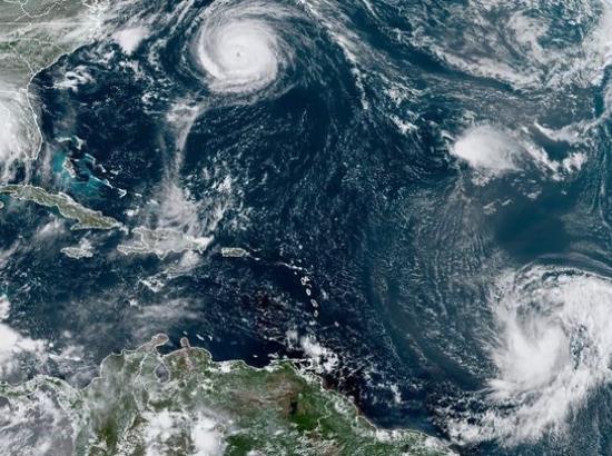 NOAA satellite image of five simultaneous active tropical cyclones in the Atlantic basin on September 14, 2020.