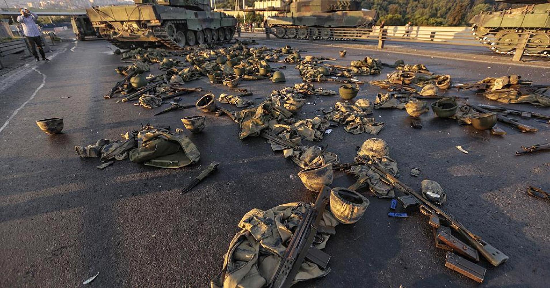 abandoned helmets and weaponry on bosporus bridge