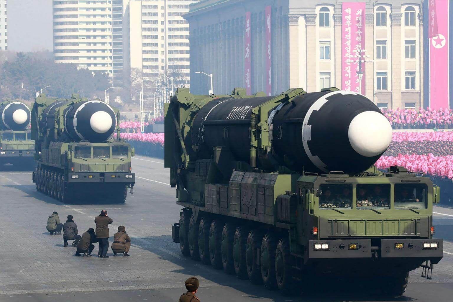 mobile missile launchers on parade at mass rally in Pyonyang, North Korean