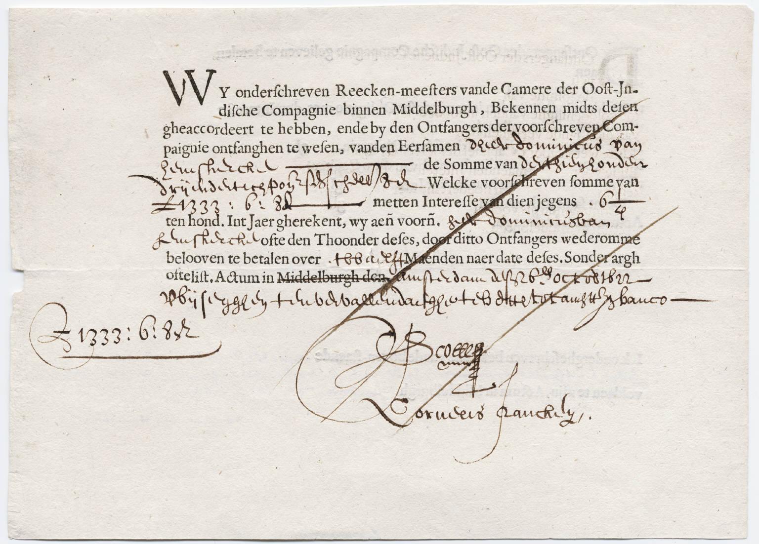 a bond issued by the Dutch East India Company in 1623.