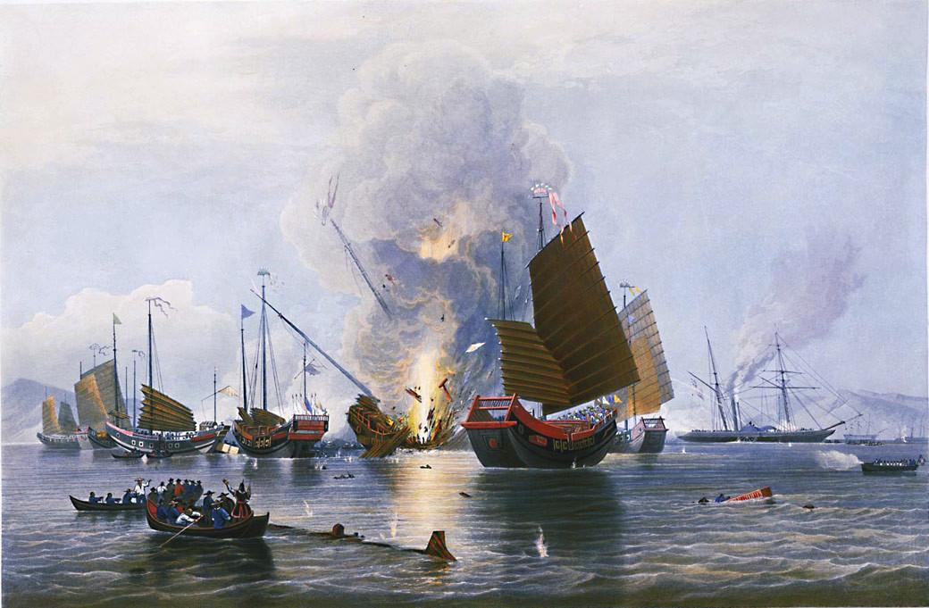 painting of British steamship Nemesis bombards Chinese war junks, 1843