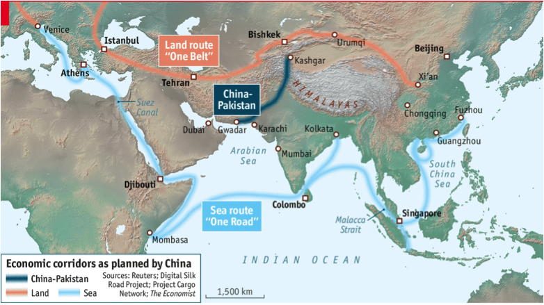 map showing BRI and the China-Pakistan Economic Corridor