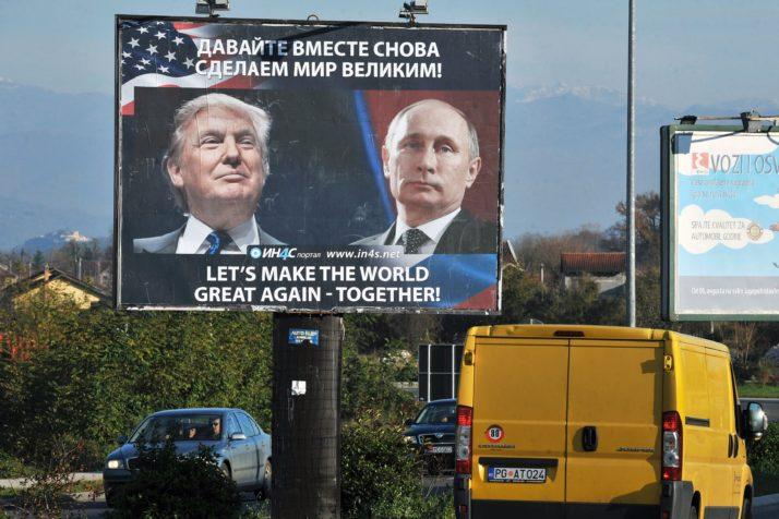 Russian billboard showing presidents Donald Trump and Vladimir Putin: "Let's Make the World Great Again - Together!"