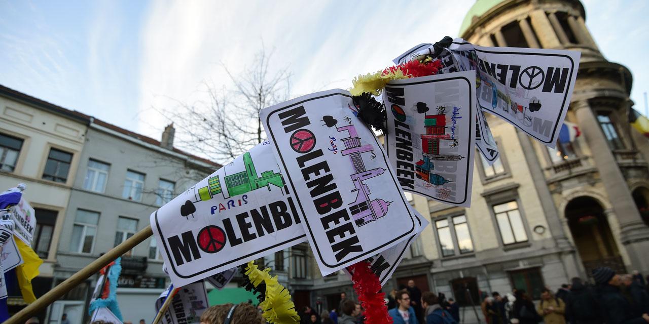 banners encouraging peace in Molenbeek area near Brussels after 2015 attacks in Paris and Belgium