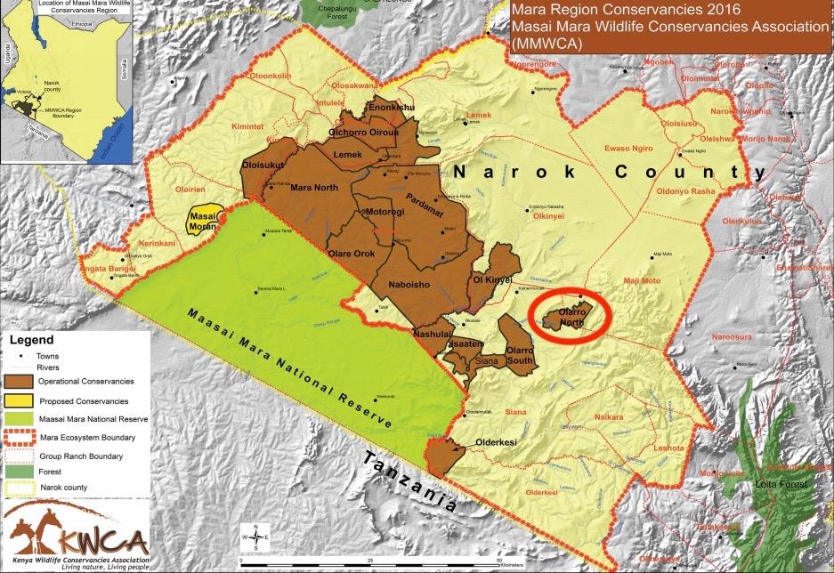 map of Conservancies under the Maasai Mara Wildlife Conservancies Association, including Olaroo North Conservancy