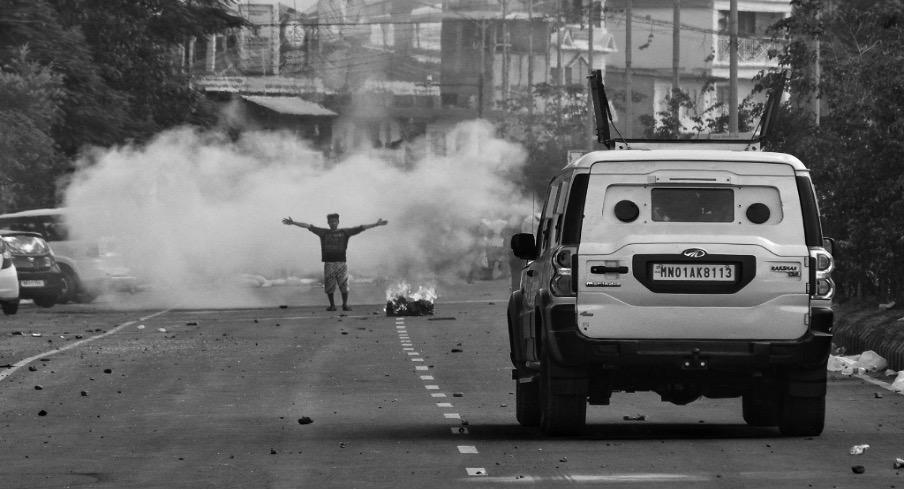 A protester facing an armored vehicle in Manipur on September 27,2023. (Photo: Robinson Wahengbam).