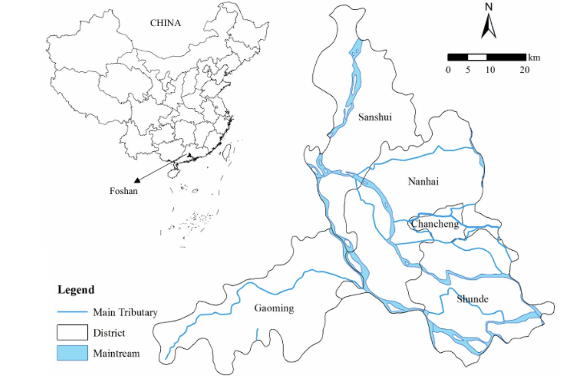 Figure 1. Map of the location and river system of Foshan municipality. Adapted from Hui Liu et al., “River Chief System”, 1611. 