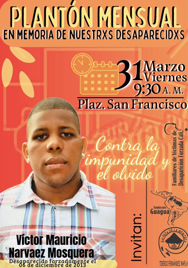 A photograph of Victor Mosquera, a young Black man “disappeared” on Dec 6, 2013. The flyer says: “Monthly Meeting in memory of the disappeared.” Photo by Fundación Guagua, used with permission.