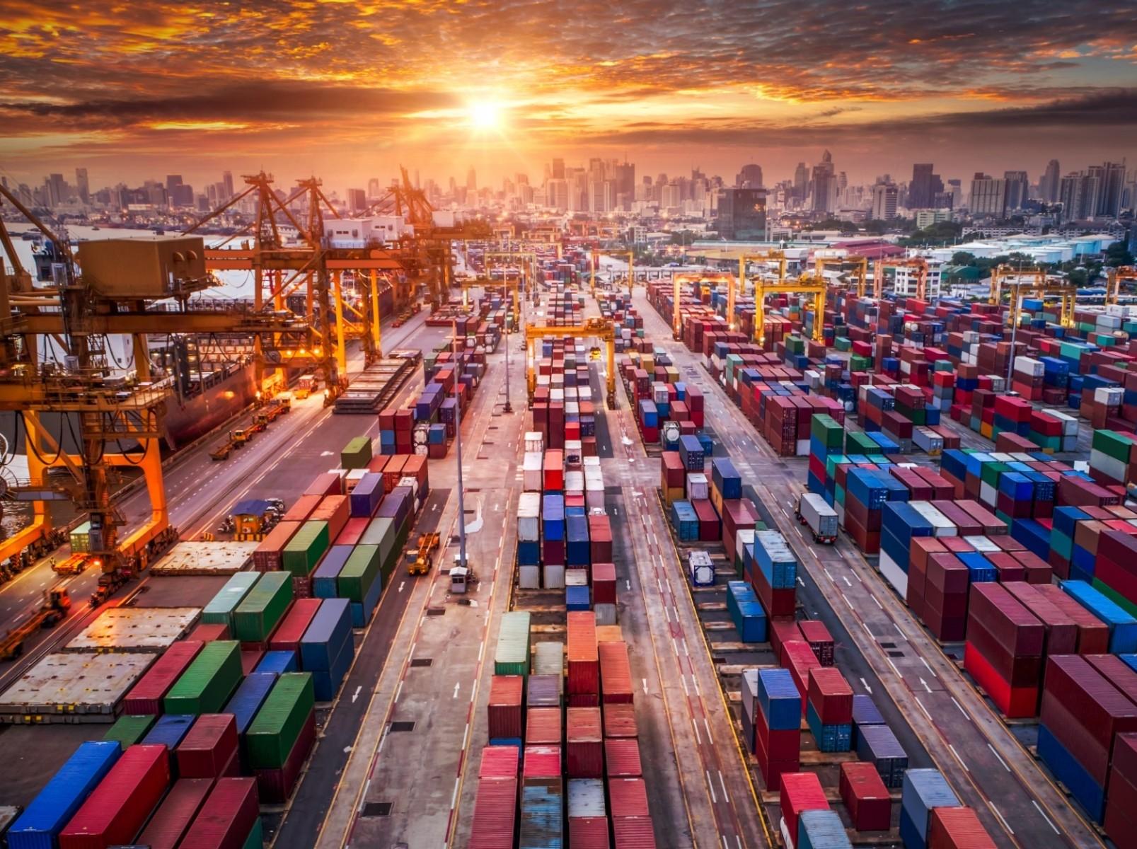 containers stacked in freight yard