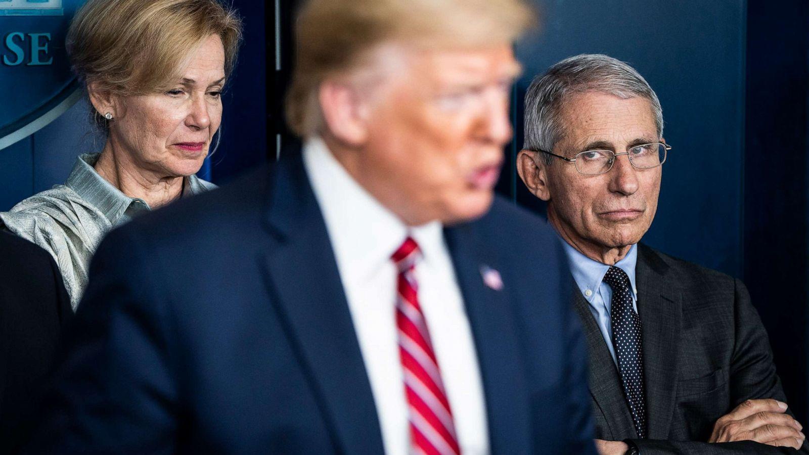 Dr. Andrew Fauci and Dr. Deborah Birx stand behind President Donald Trump