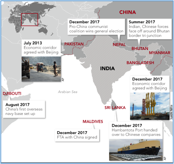 Map showing segments of Northern, Eastern and Western borders that are contested between India, China and Pakistan