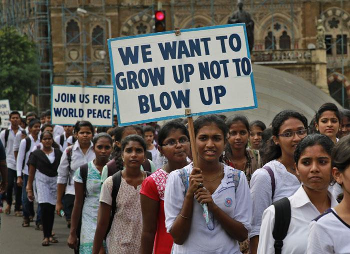 Students participate in a peace rally to mark the 69th anniversary of US atomic bombing of Hiroshima in Mumbai, August 6, 2014