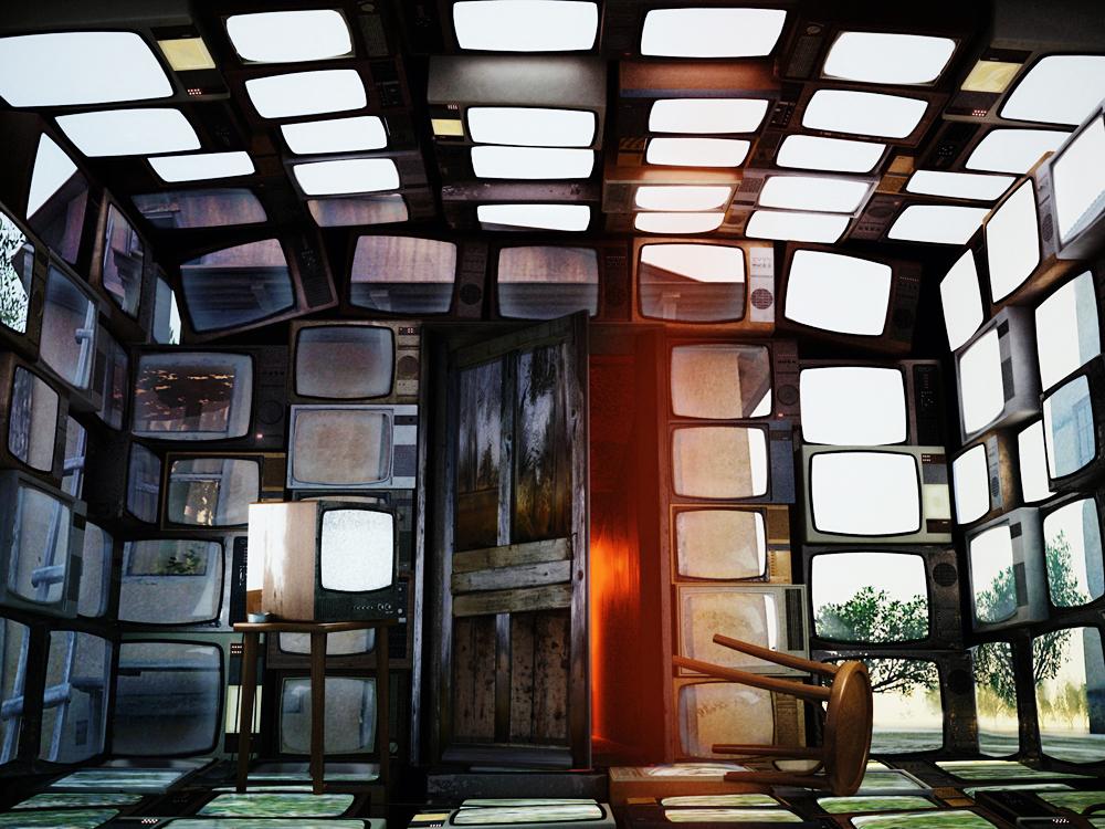 room created by screen images - photo of artwork 'Illusion of Consciousness' by Andrew Bobir