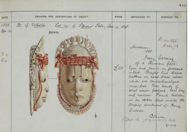 Ivory mask depicting the Iyoba (Queen Mother) from the Pitt Rivers Farnham collection catalogue. Pitt Rivers Museum at the University of Oxford. 
