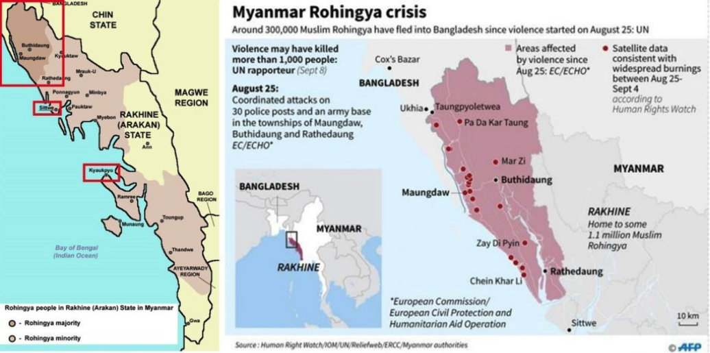Image 1: maps 1 and 2 - location of Rohingya settlements and forced displacements