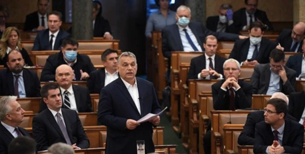 Viktor Orbán delivers a speech about the coronavirus outbreak at the House of Parliament in Budapest, March 2020 