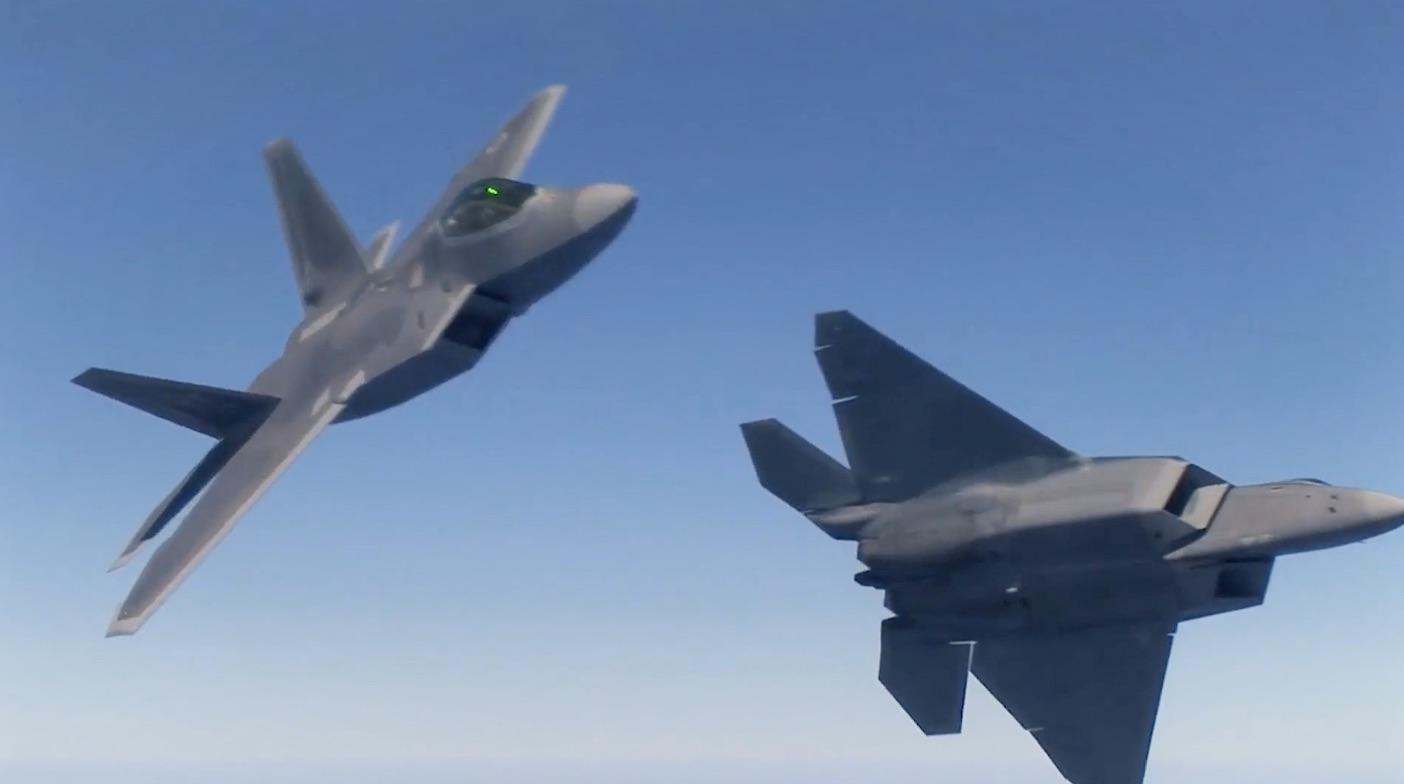 A frame from a fast-paced video compilation of Raytheon’s F-22 equipt Raptor, the central imagery on the home website for Raytheon Technologies Corporation