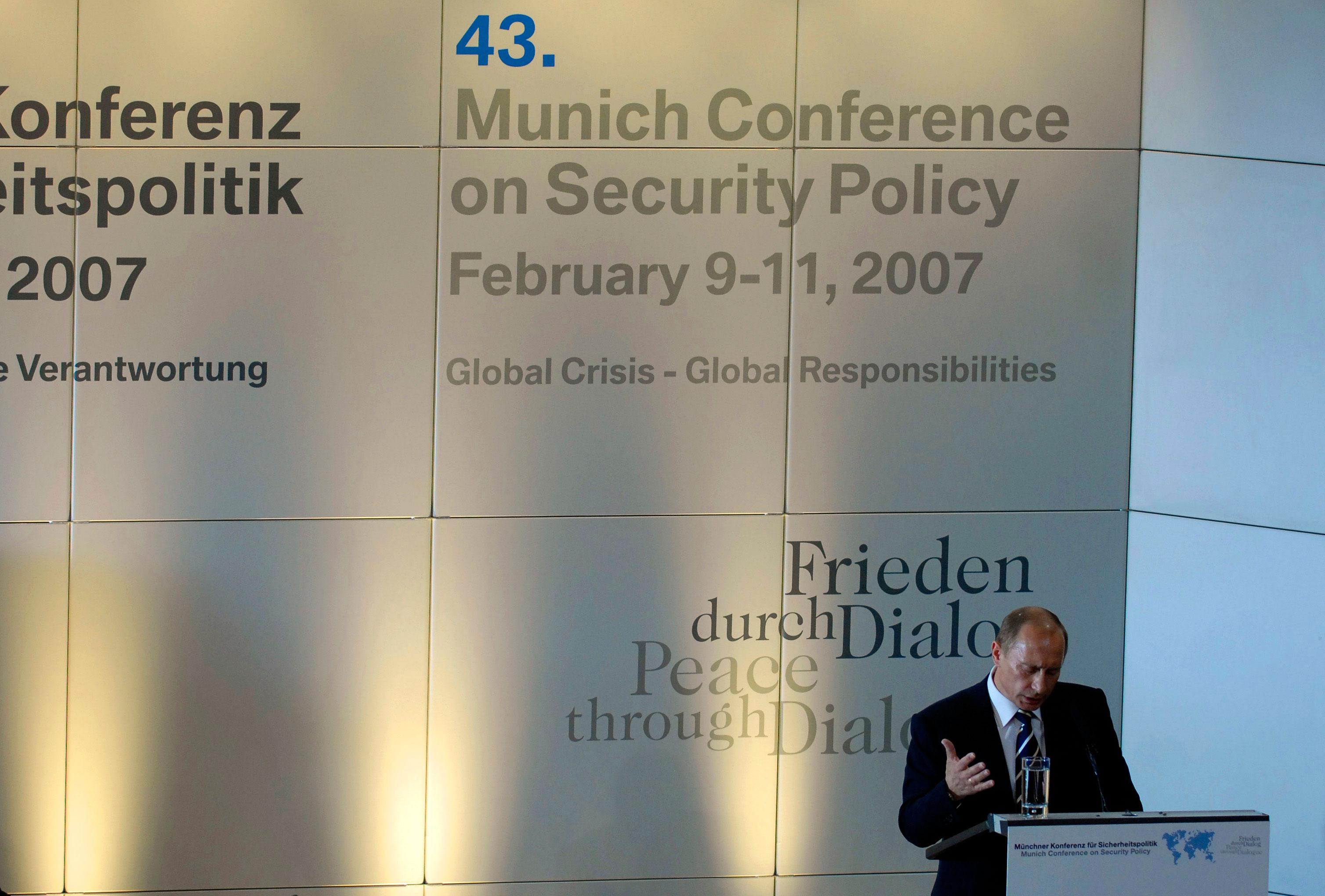 Vladimir Putin speaks at the Munich Security Conference in Germany on 10 February 2007