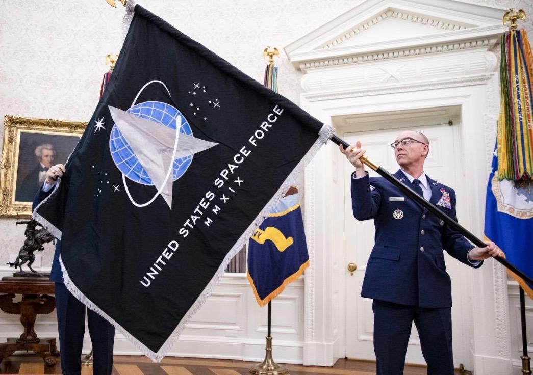 US Space Force official flag unveiled in the White House Oval Office in May 2020