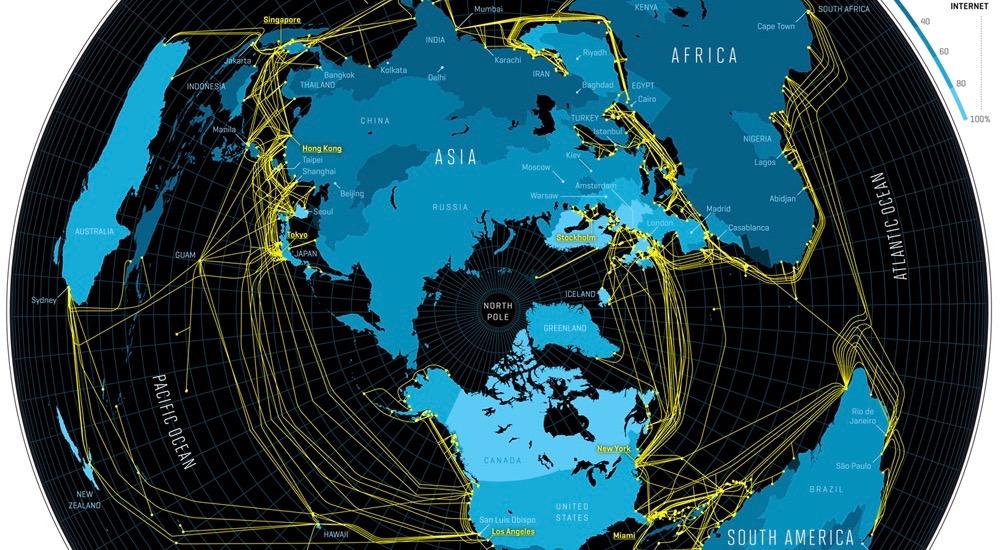 graphic depicts major global submarine fiber-optic lines.