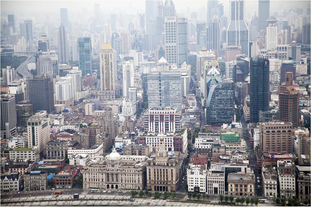 The Bund as seen from the Oriental Pearl Tower, Shanghai, PRC, 2014