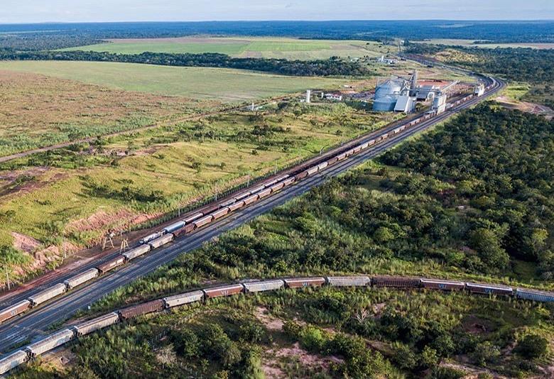A huge grain train is loaded in Palmeirante in the northern Brazilian state of Tocantins.
