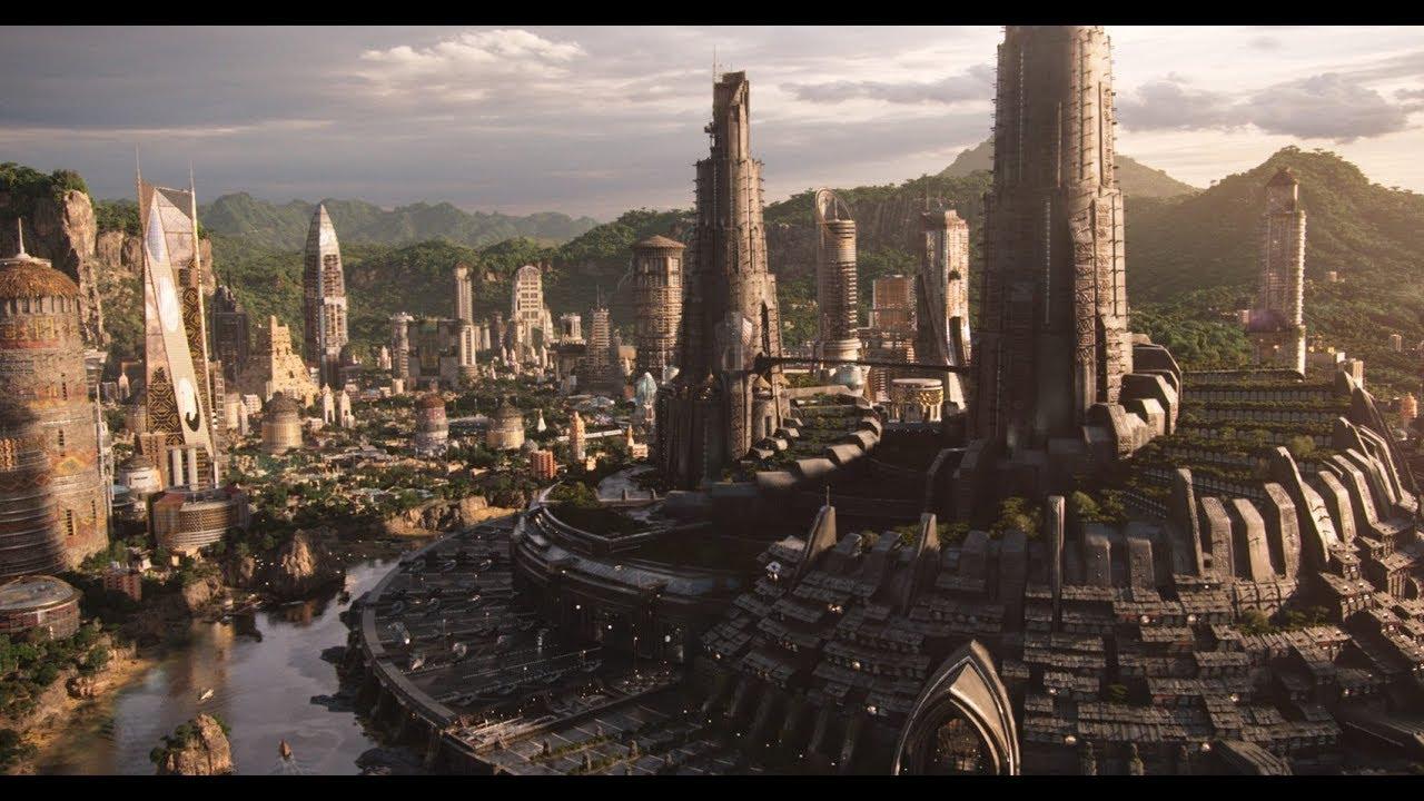 screen image of Wakanda skyline from the film 'Black Panther' (2018) -- Marvel/Walt Disney Studio