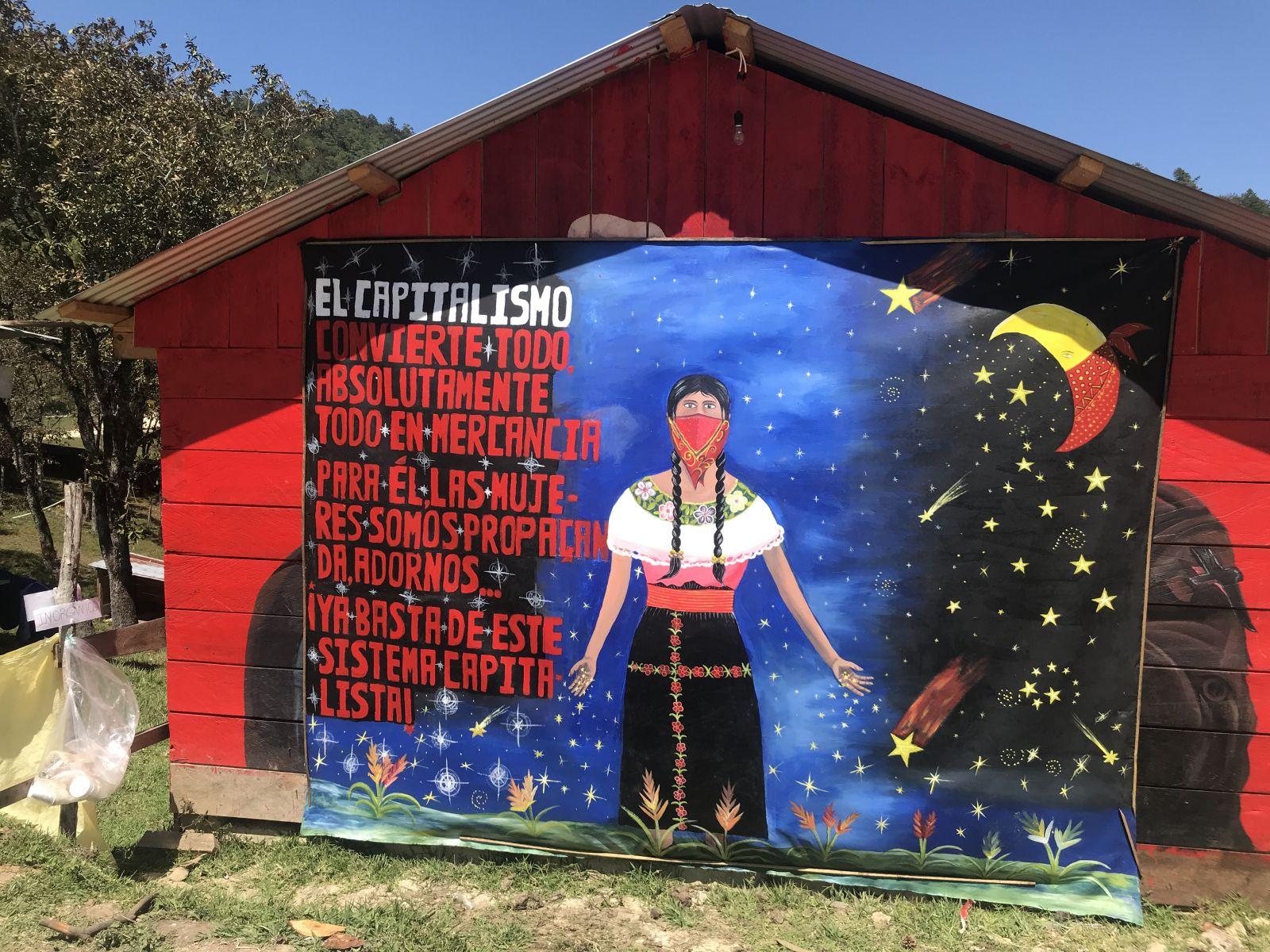 Zapatista banner painting with feminist slogan — Cancun, Mexico