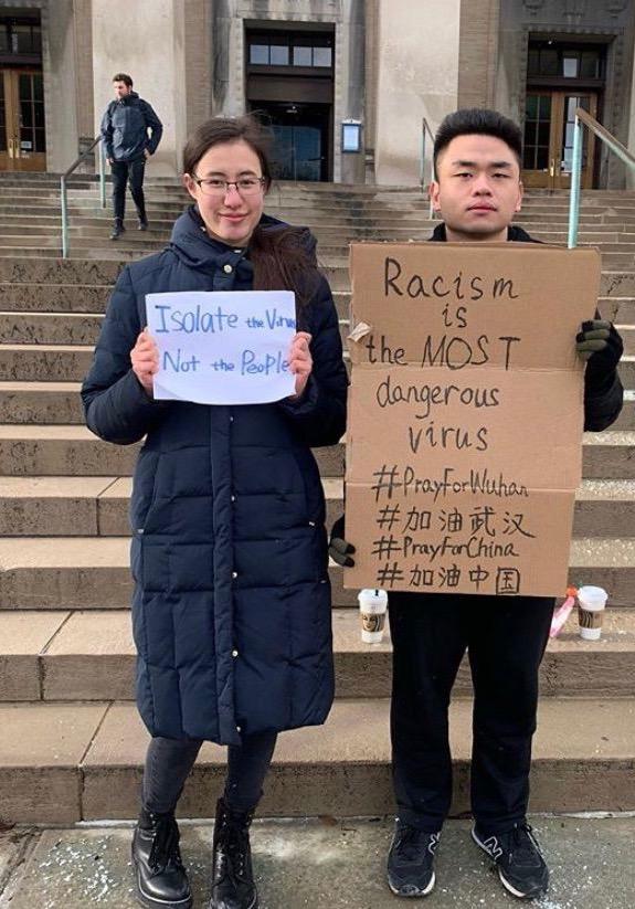 Students protest in front of the Pattee-Paterno Library at Pennsylvania State University in early 2020.