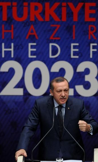 Erdogan at podium, behind him a banner for Turkish Project 2023