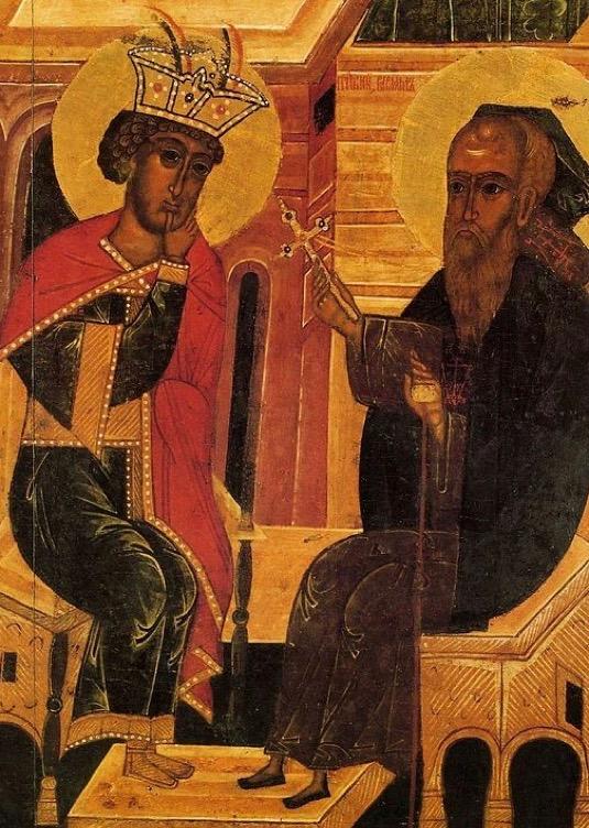 medieval painting of Christian king and a monk
