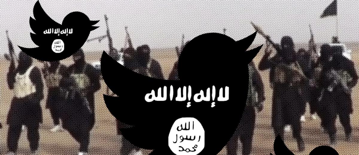 ISIS militants in video grab with slogan superimposed over Twitter 'tweet' icon