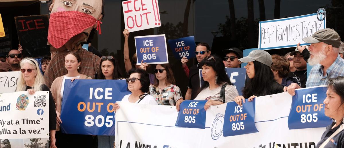 A coalition of farmworkers, advocates, industry growers, nonprofits and California’s ICE raid Rapid Response network spotlight the impacts of escalated workplace raids at a press conference in Santa Maria on Thursday, June 12. (Courtesy: Central Coast Alliance for a United Economy)