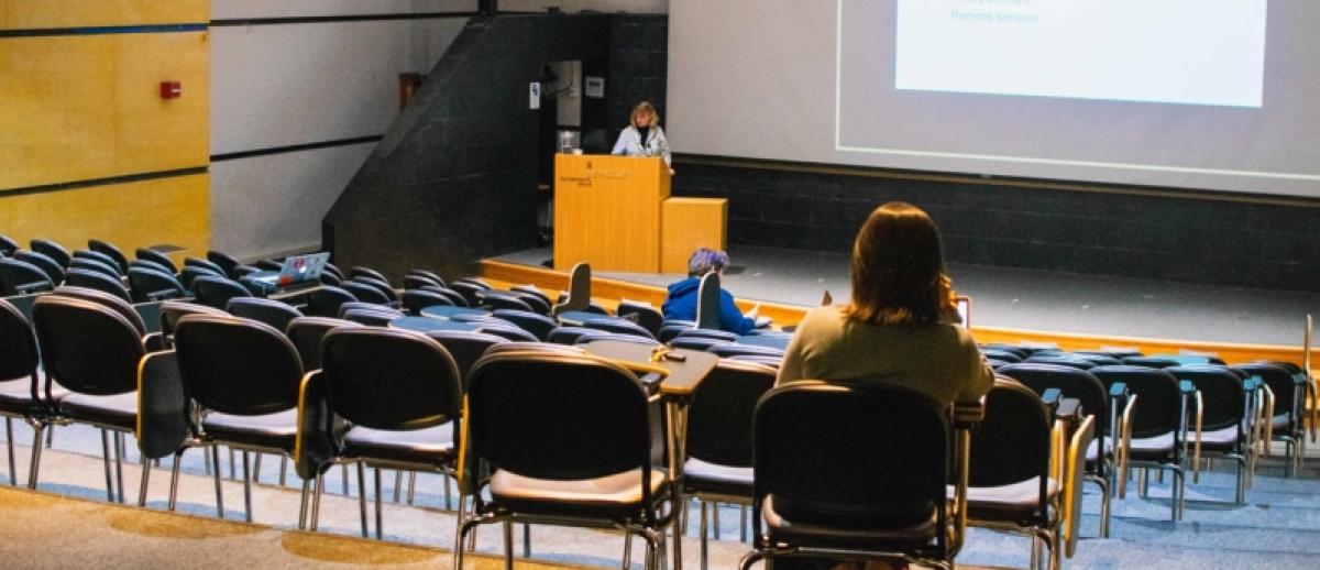 virtually deserted classroom at UC Berkeley on March 11, 2020