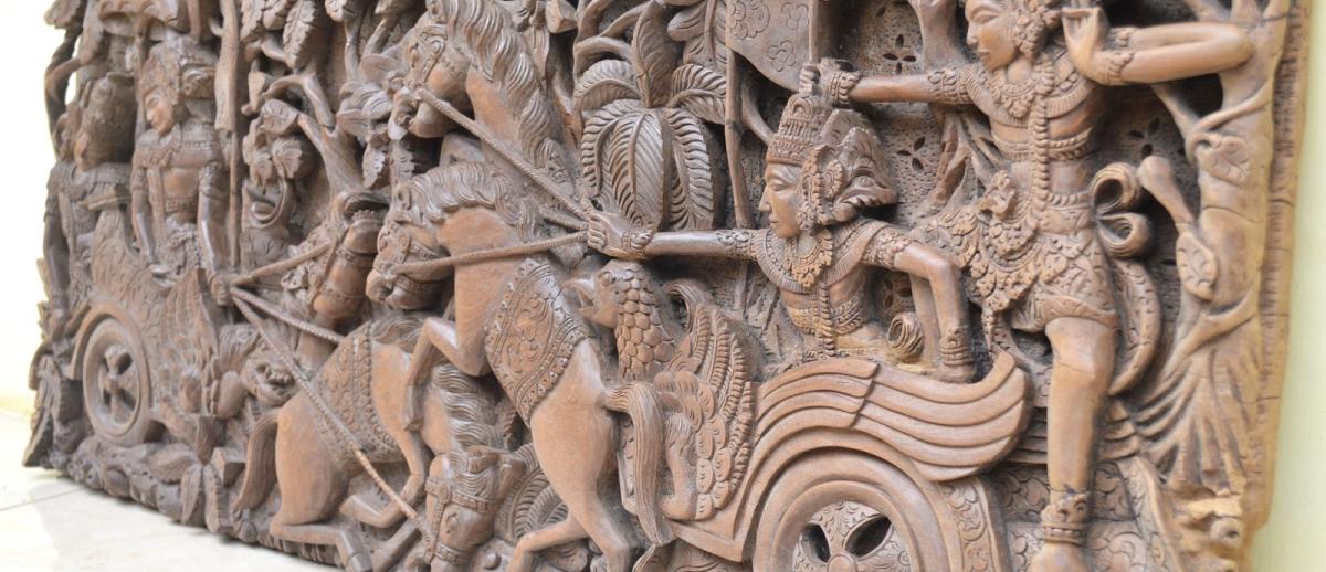 wooden relief depicting scene of the Mahabharata