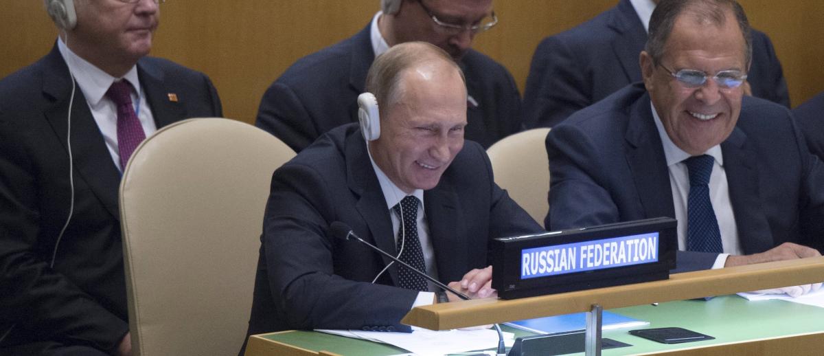 Vladimir Putin, Sergey Lavrov, and Russia’s delegation at the 70th UN General Assembly session on September 28, 2015