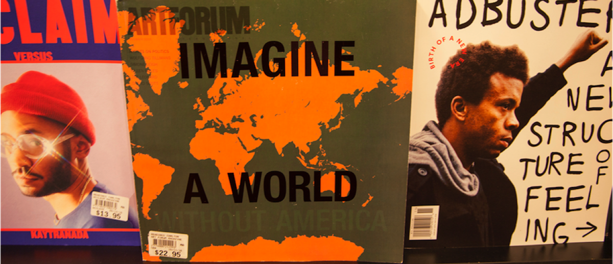 Melbourne Australia newsstand with Artforum magazine cover that reads, “Imagine a World Without America”