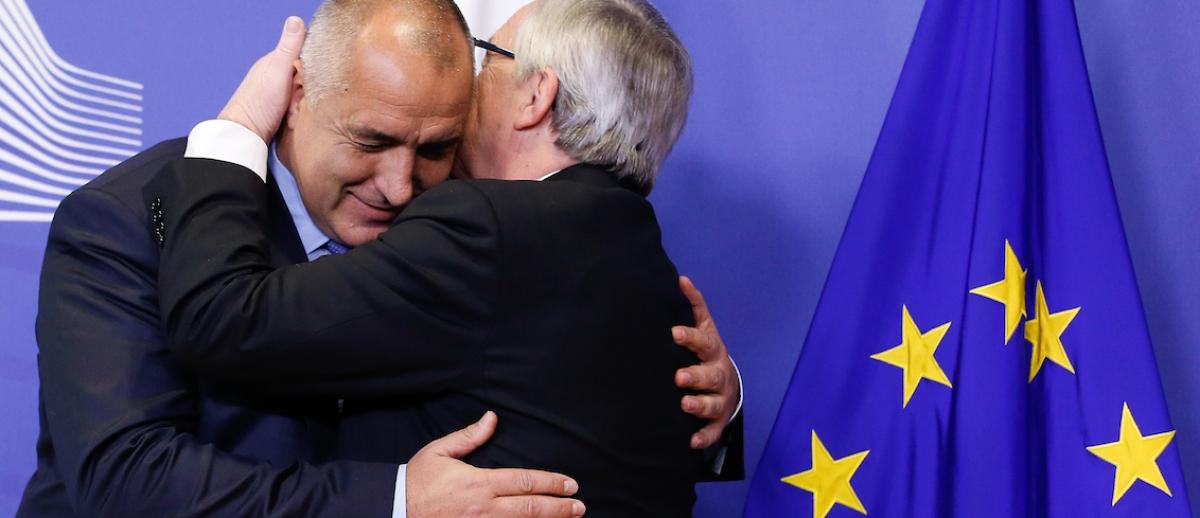 Bulgarian Prime Minister Borisov embraces EU Commission President Jean-Claude Juncker