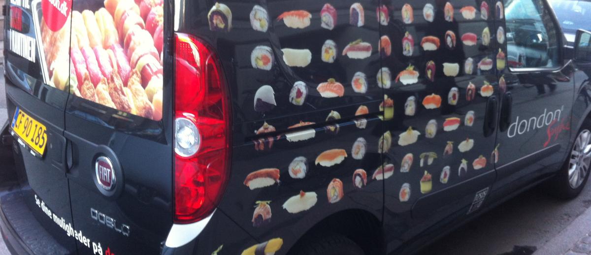 delivery van with sushi menu paint finishing. Dondon Sushi, Copenhagen, Denmark.