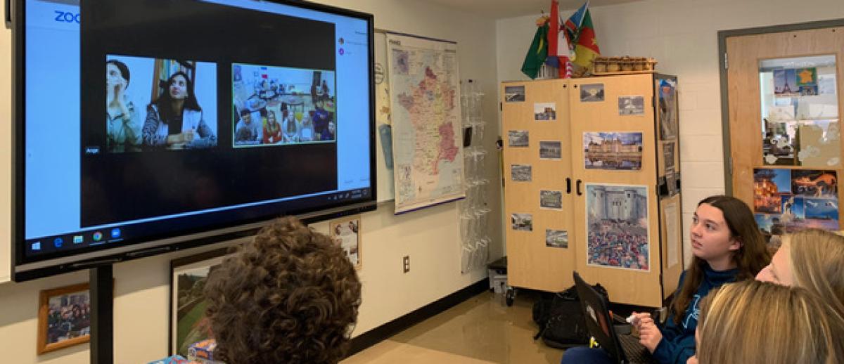 Students in Virginia, U.S. connect in French with their peers in El Jadida, Morocco via a video conference