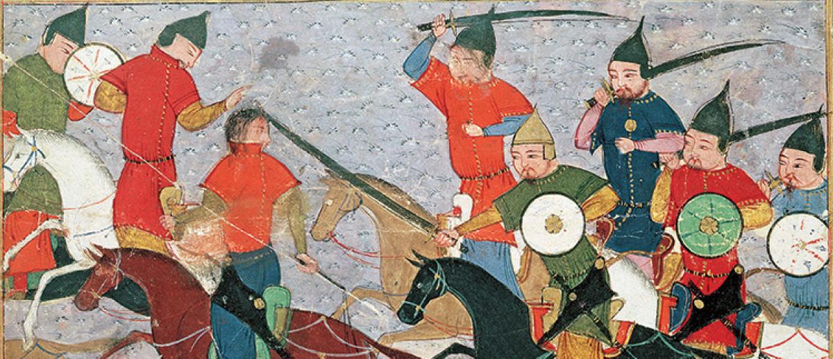 Mongols attack fleeing Chinese. Jami' al-tawarikh, by Rashid al-Din, 14th century.